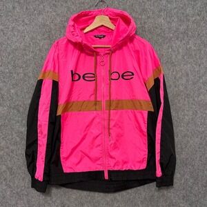 Bebe Sport Womens Pink Black Colorblock Hooded Windbreaker Jacket Size L RN63619